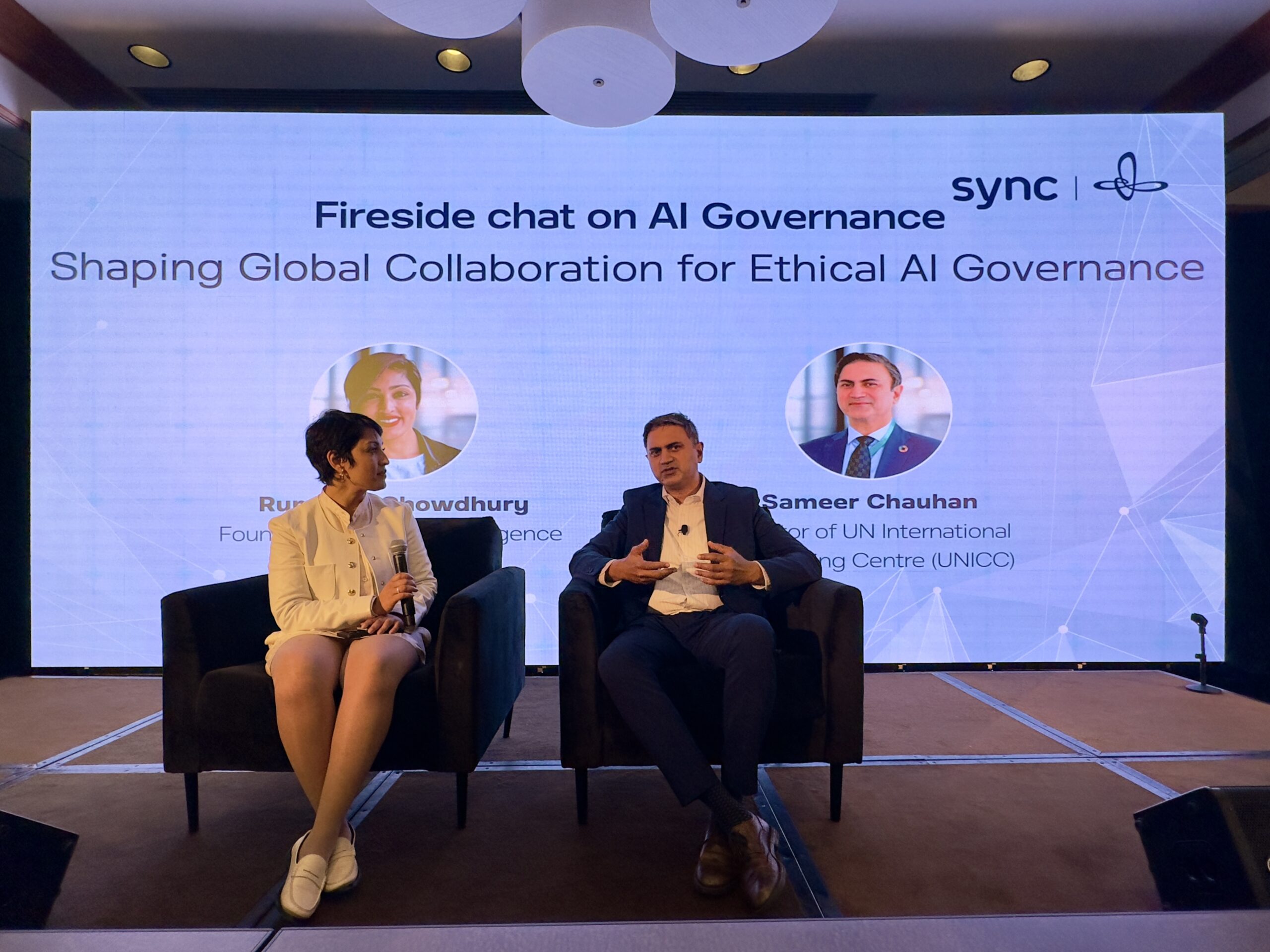 UNICC Director with Rumman Chowdhury, Founder of Humane Intelligence, in a session during Sync Global Digital Wellbeing Forum.