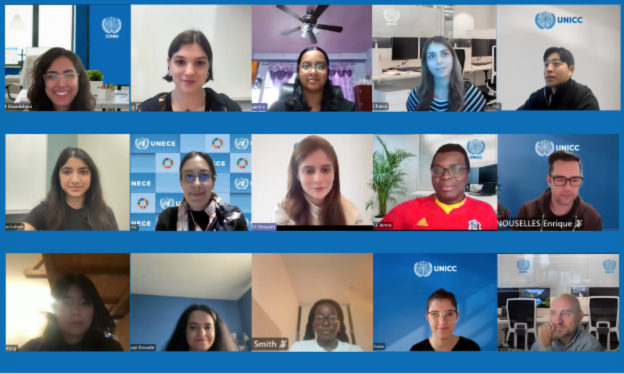 A virtual meeting screenshot featuring a diverse group of participants in a UNICC online session.